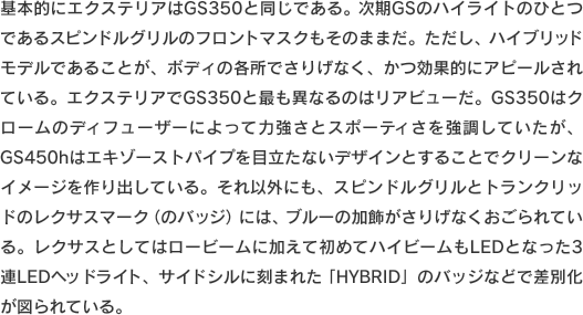 基本的にエクステリアはGS350と同じである。次期GSのハイライトのひとつであるスピンドルグリルのフロントマスクもそのままだ。ただし、ハイブリッドモデルであることが、ボディの各所でさりげなく、かつ効果的にアピールされている。エクステリアでGS350と最も異なるのはリアビューだ。GS350はクロームのディフューザーによって力強さとスポーティさを強調していたが、GS450hはエキゾーストパイプを目立たないデザインとすることでクリーンなイメージを作り出している。それ以外にも、スピンドルグリルとトランクリッドのレクサスマーク（のバッジ）には、ブルーの加飾がさりげなくおごられている。レクサスとしてはロービームに加えて初めてハイビームもLEDとなった3連LEDヘッドライト、サイドシルに刻まれた「HYBRID」のバッジなどで差別化が図られている。