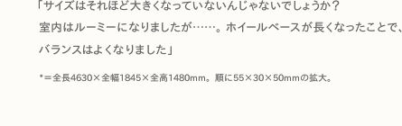 「サイズはそれほど大きくなっていないんじゃないでしょうか？室内はルーミーになりましたが……。ホイールベースが長くなったことで、バランスはよくなりました」*＝全長4630×全幅1845×全高1480mm。順に55×30×50mmの拡大。