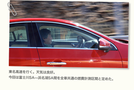東名高速を行く。天気は良好。 今回は富士川SA—浜名湖SA間を全車共通の燃費計測区間と定めた。