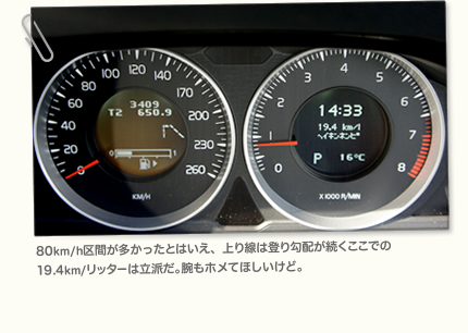 80km/h区間が多かったとはいえ、上り線は登り勾配が続くここでの19.4km/リッターは立派だ。腕もホメてほしいけど。