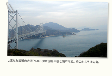 しまなみ海道の大浜PAから見た因島大橋と瀬戸内海。橋の向こうは向島。