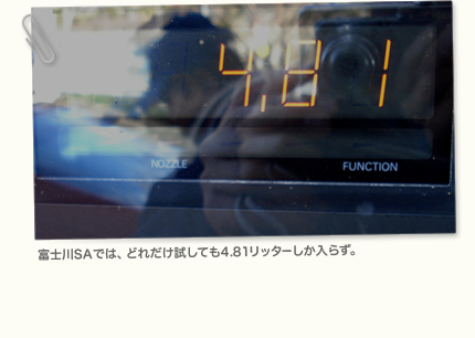  富士川SAでは、どれだけ試しても4.81リッターしか入らず。