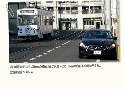 岡山電気軌道は3kmの東山線（写真）と2.1kmの清輝橋線が残る。営業距離が短い。