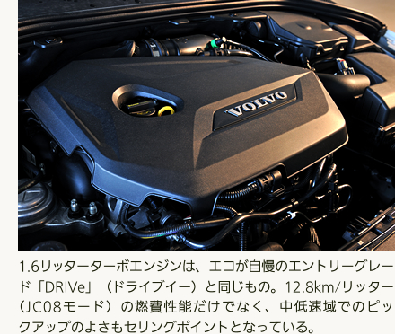 1.6リッターターボエンジンは、エコが自慢のエントリーグレード「DRIVe」（ドライブイー）と同じもの。12.8km/リッター（JC08モード）の燃費性能だけでなく、中低速域でのピックアップのよさもセリングポイントとなっている。
