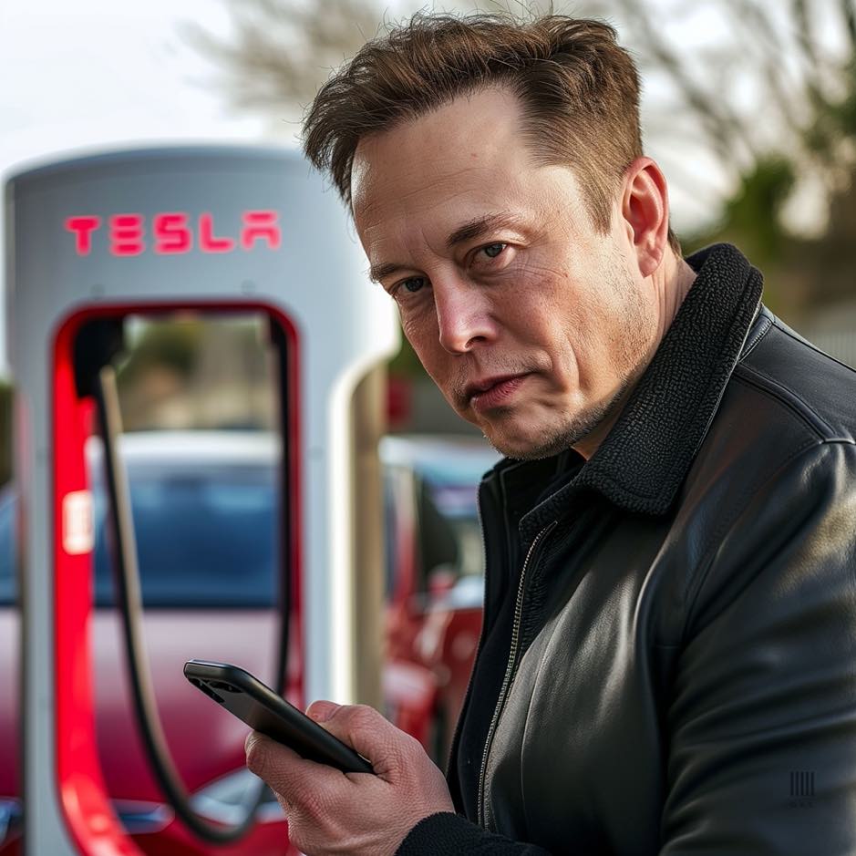 　イーロン・マスクとスーパーチャージャーのイメージAI画像（がす作成）