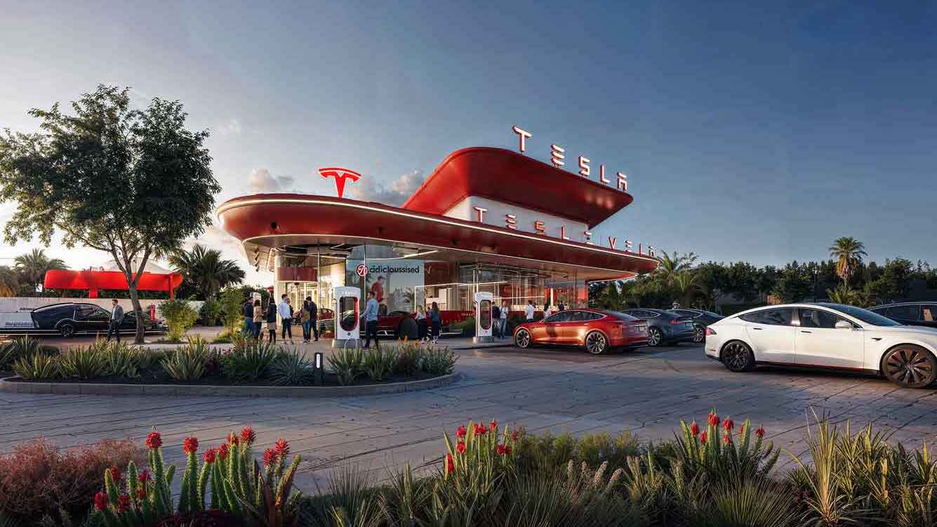 　テスラがロサンゼルスに建設中のスーパーチャージャー・ダイナー＆ドライブイン。スーパーチャージャー部門閉鎖ニュースの後も「この建設は中止しない」とイーロン・マスクは明言した（上記画像は予想図のAIイメージ画像　がす作成）